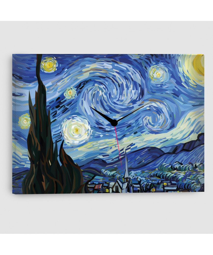 Notte Stellata di Van Gogh - Quadro su Tela - 3 pannelli con Orologio
