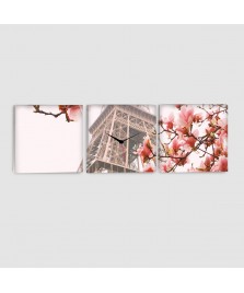 Parigi, Tour Eiffel - Quadro su tela - 3 Pannelli con orologio