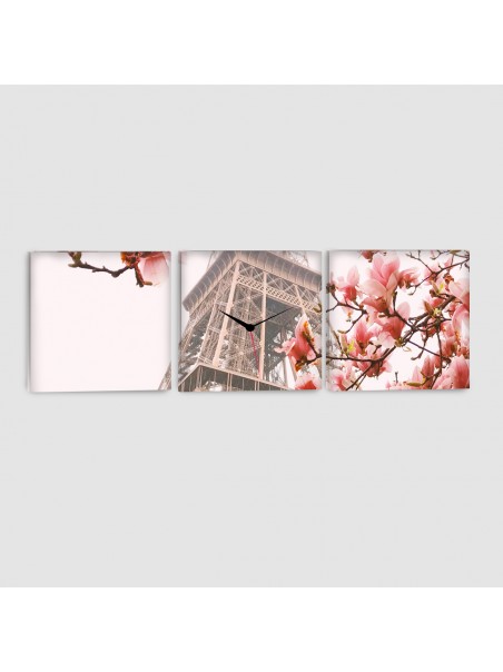 Parigi, Tour Eiffel - Quadro su tela - 3 Pannelli con orologio