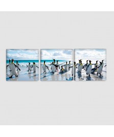 Pinguini - Quadro su tela - 3 Pannelli con orologio