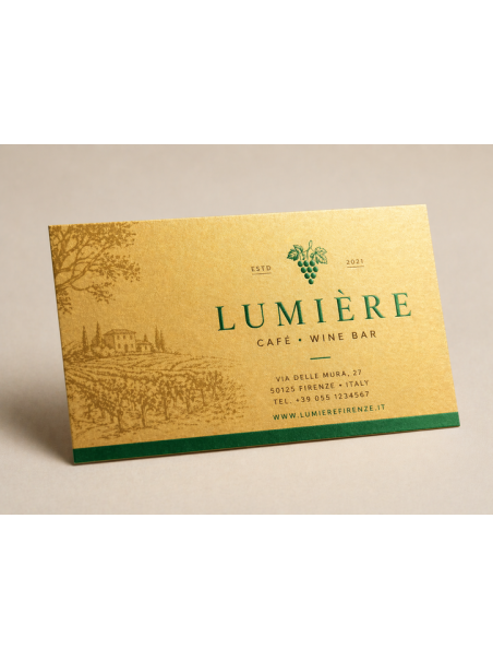 Titolo
Biglietto da visita stampato su Carta Sirio Pearl Aurum 300 gr con nobilitazione VERDE